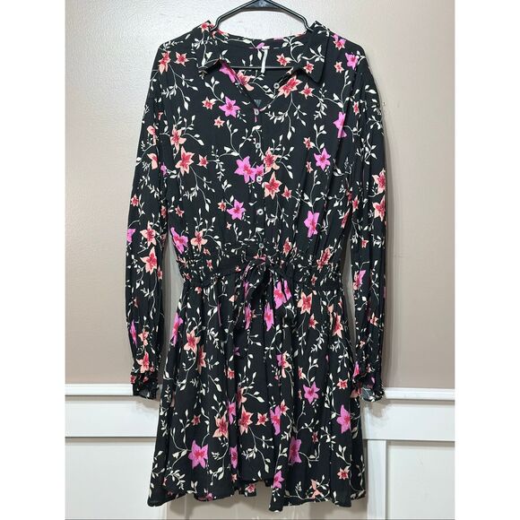 NWOT Free People Lighten Up Black & Pink Floral Tea Combo Mini Dress Women's L - Picture 2 of 14
